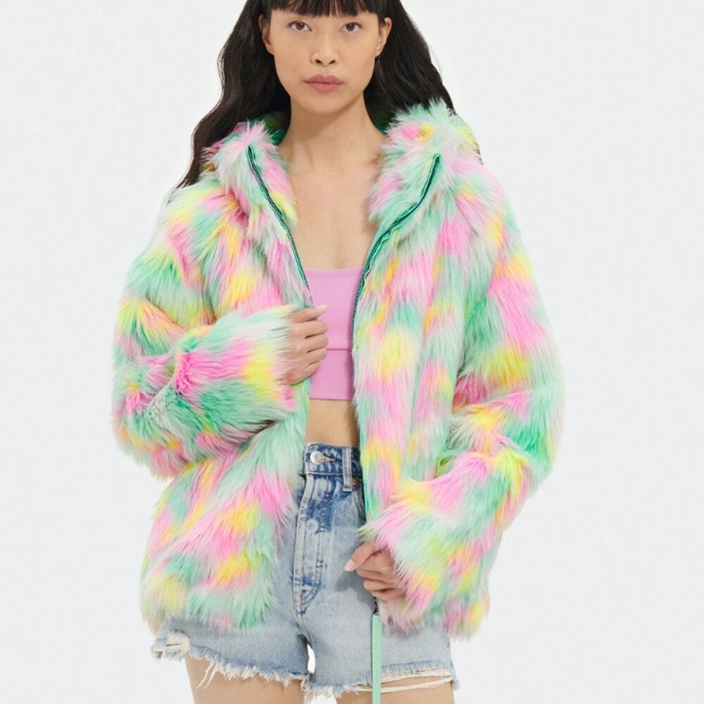 UGG CLOVE RAINBOW CANDY PATCH OMBRE SHAG PLUSH FAUX FUR COAT PARKA JACKET S
